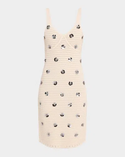 Toccin Yoko Flower Sequined Crochet Knee-length Dress In Pink