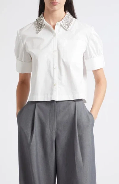 Toccin Zadie Rhinestone Collar Stretch Poplin Button-up Shirt In White