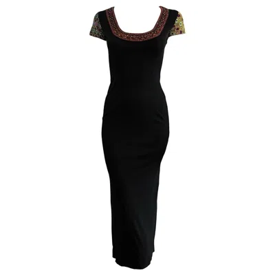 Pre-owned Todd Oldham 1993 Vintage Women's Rayon Beaded Gown With High Slit In Black