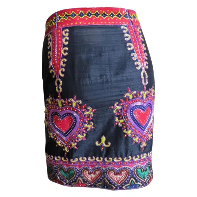 Pre-owned Todd Oldham Todd Odham Heart Embroidered Silk Skirt With Beading 1980s In Purple