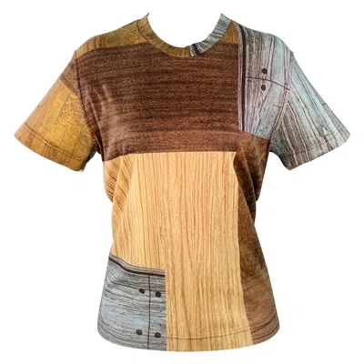 Pre-owned Todd Oldham Vintage 1980s Size M Brown Blue Polyester Blend Patchwork Wood Grain T-shirt