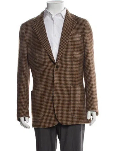 Pre-owned Todd Snyder Wool Houndstooth Print Peacoat In Brown