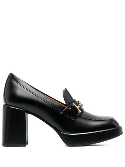 Tod's Elevated Block Heel Flat Shoes With Chic Gold Accents In Black