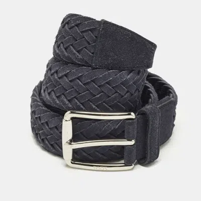 Pre-owned Tod's 95 Cm Buckle Belt Navy Blue Woven Suede