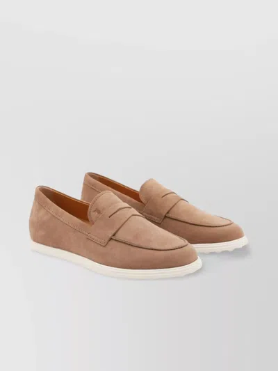 Tod's Almond Toe Suede Loafers With Penny Strap In Brown