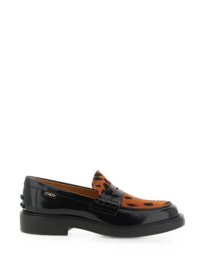 Tod's Mocassini In Pelle Con Inserto Con Stampa Animalier In Black