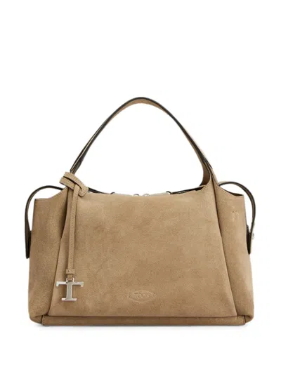 Tod's Shoulder Bag Detachable Strap Dual Handles Suede In Brown