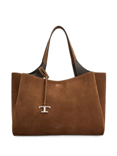 Tod's Medium Suede Shoulder Tote Two Flat Handles In Brown