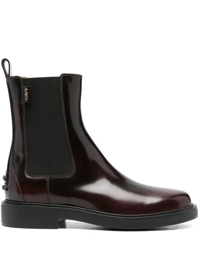 Tod's Studded Glossed-leather Chelsea Boots In Brown