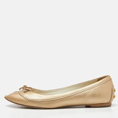 Pre-owned Tod's Beige Leather Bow Peep Toe Ballet Flats Size 37.5