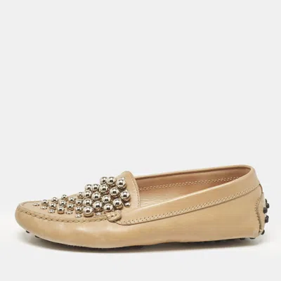 Pre-owned Tod's Beige Leather Studded Slip On Loafers Size 35
