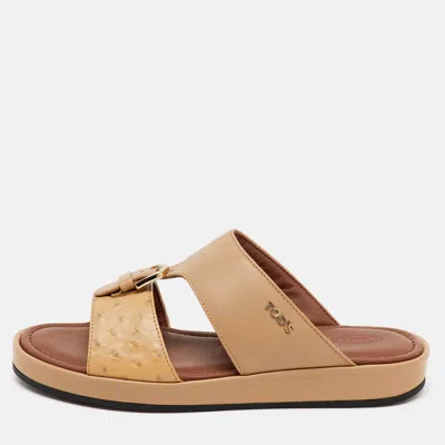 Pre-owned Tod's Beige Ostrich Embossed Leather And Leather Arabic Sandals Size 35