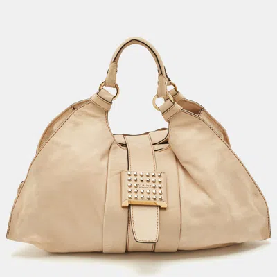 Pre-owned Tod's Beige Shimmer Nubuck Leather Studded Lock Flap Shoulder Bag