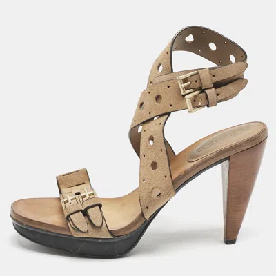 Pre-owned Tod's Beige Suede Perforated Ankle Strap Sandals Size 37