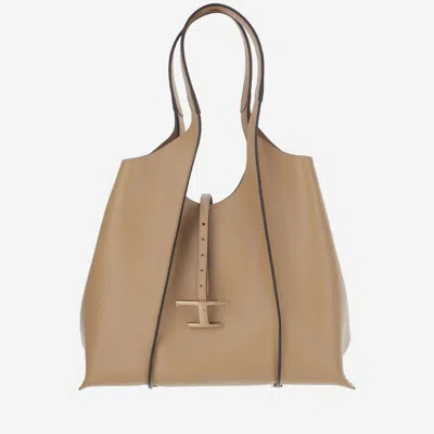 Tod's Beige T Timeless Medium Tote In Sand