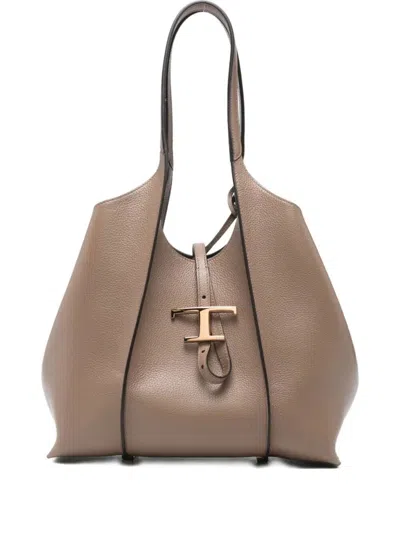 Tod's Beige T Timeless Small Tote In Sand