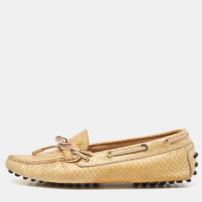 Pre-owned Tod's Beige Watersnake Leather Penny Slip On Loafers Size 36.5