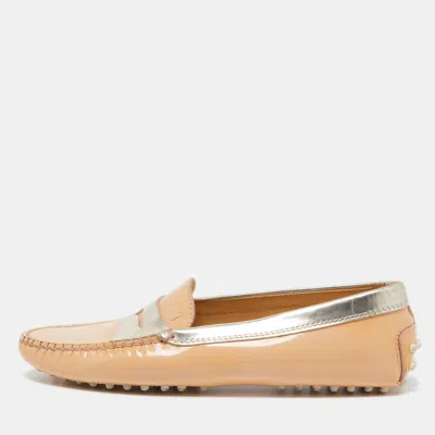 Pre-owned Tod's Beige/gold Patent Leather Penny Slip On Loafers Size 38.5