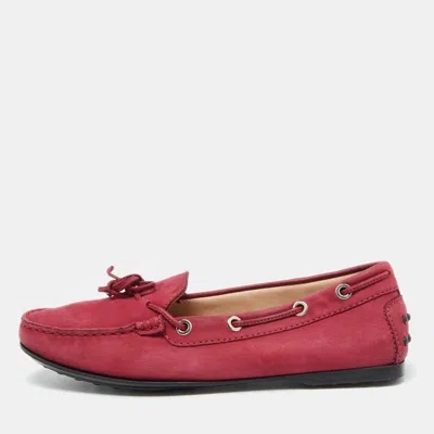 Pre-owned Tod's Berry Pink Nubuck Leather Bow Gommino Driving Loafers Size 37.5