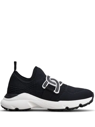TOD'S BLACK BLACK KNITTED APPLIQUE LOGO SNEAKERS