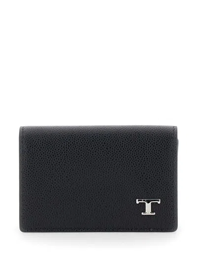 Tod's Black Card Holder With Timeless T Logo On The Front In Hammered Leather Man In Brown