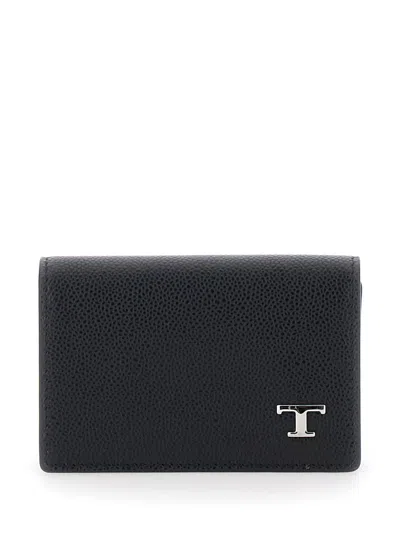 Tod's Black Card Holder With Timeless T Logo On The Front In Hammered Leather Man