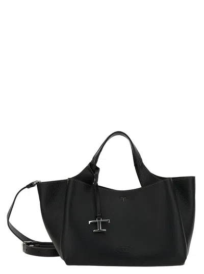 Tod's Black Handbag With Embossed Logo And T Timeless Charm In Grainy Leather Woman