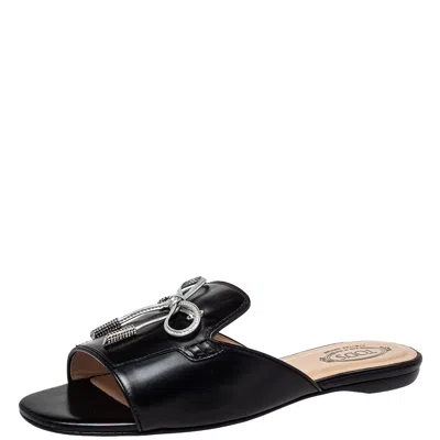Pre-owned Tod's Black Leather Bow Slide Sandals Size 36.5