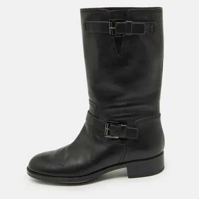 Pre-owned Tod's Black Leather Buckle Detail Calf Length Boots Size 39.5