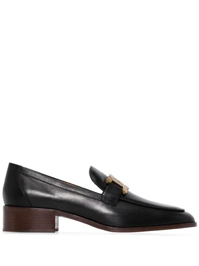 TOD'S BLACK LEATHER CHAIN-LINK DETAIL LOAFERS FOR WOMEN