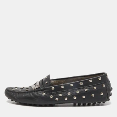 Pre-owned Tod's Black Leather Crystal Embellished Penny Loafers Size 37
