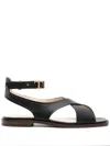 TOD'S BLACK LEATHER FLAT SANDALS WITH GOLD-TONE DETAILS AND BRANDED FOOTBED