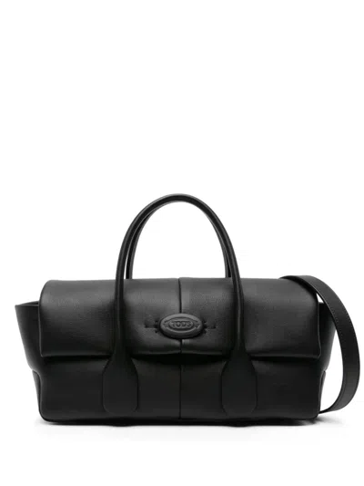 Tod's Black Leather Logo Handbag With Oval Patch And Foldover Top