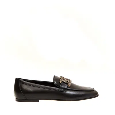 Tod's Black Leather Moccasin With Rhinestone Buckle