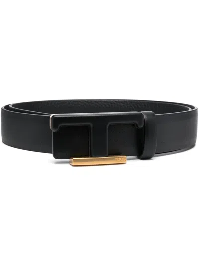Tod's Black Leather Reversible Belt With Logo Plaque And Press Stud Fastening In B999