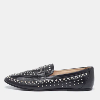Pre-owned Tod's Black Leather Studded Double T Slip On Loafers Size 40