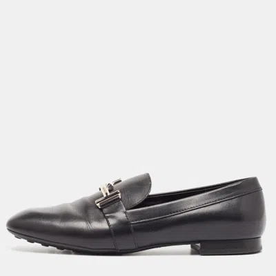 Pre-owned Tod's Black Leather T Logo Slip On Loafers Size 38.5
