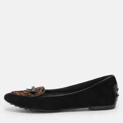 Pre-owned Tod's Black Leopard Print Calf Hair And Suede Bow Ballet Flats Size 36