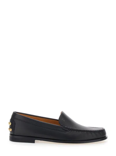 Tod's Black Loafers With Embossed Logo And Stud Details On The Back In Leather Woman