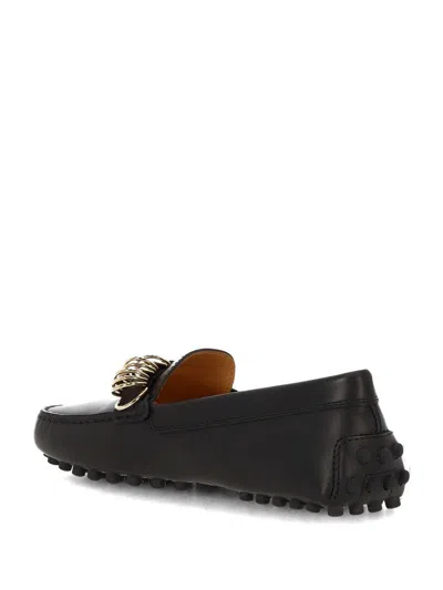 Tod's Black Loafers With Ring Detail On The Front And Rubber Sole In Leather Woman