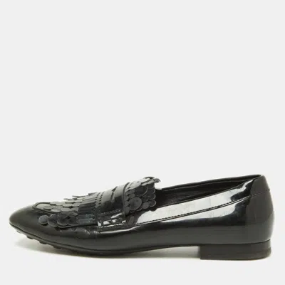 Pre-owned Tod's Black Patent Leather Laser Cut Fringe Loafers Size 38.5