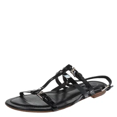 Pre-owned Tod's Black Patent Leather Strappy Buckle Detail Flat Sandals Size 37.5