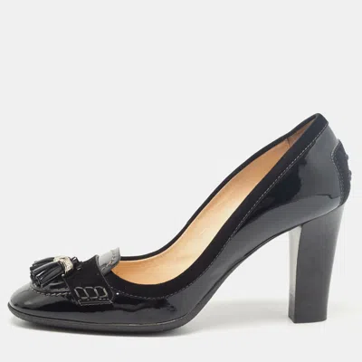 Pre-owned Tod's Black Patent Leather Tassel Detail Loafer Pumps Size 39