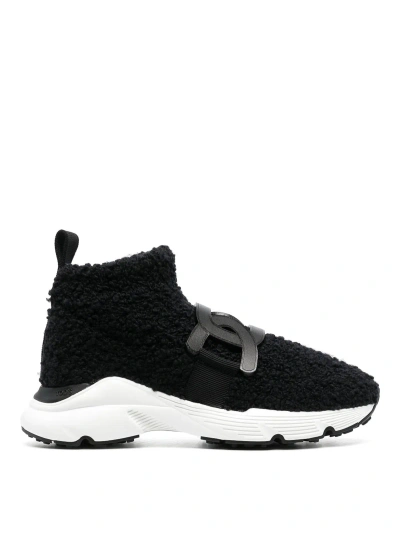TOD'S BLACK SHEARLING LOGO-PLAQUE TRAINERS