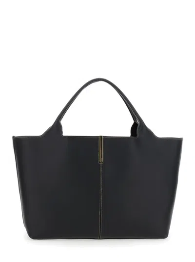 Tod's Black Shopper With Two Top Handles And Metal Bar With Logo In Leather Woman