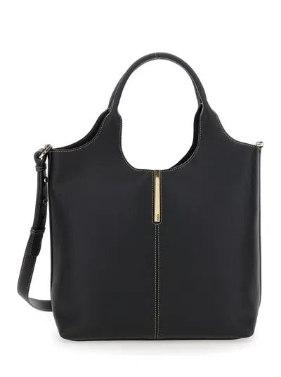 TOD'S BLACK SHOULDER BAG WITH METAL BAR WITH LOGO