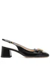 Tod's Square Toe Block Heel Gold-tone Hardware Slingback In Black