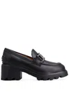 Tod's Semi-shiny Leather Heeled Loafers With Metal Chain Shoes In Black