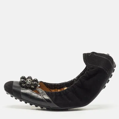 Pre-owned Tod's Black Suede Scrunch Crystal Embellished Bow Ballet Flats Size 37.5