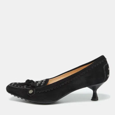 Pre-owned Tod's Black Suede Studded Kitten Heel Loafer Pumps Size 38.5